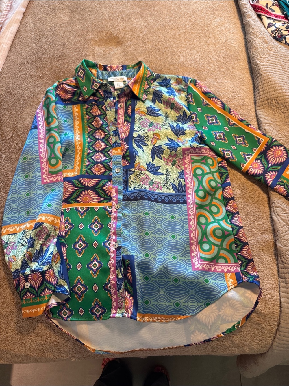 Rachel Zoe Multicolor Patchwork Button-Down Shirt with Green and Blue Panels